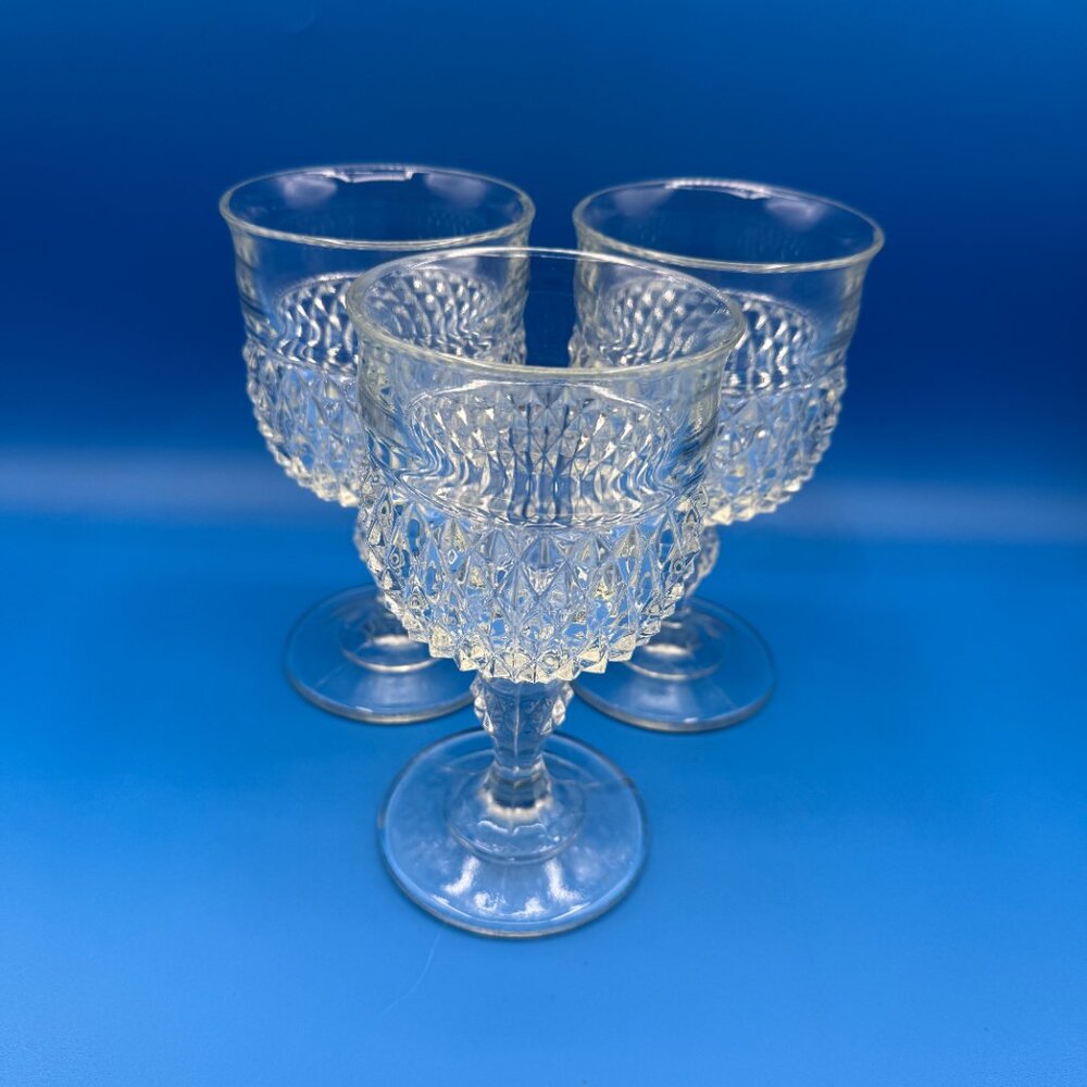 Vintage Indiana Diamond Point Goblets, Set of 3 Clear Pressed Glass Water/Wine G